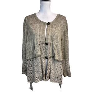 Ali Miles Top Tunic size Large Olive Taupe Lace Stretch Peasant Cottage Core